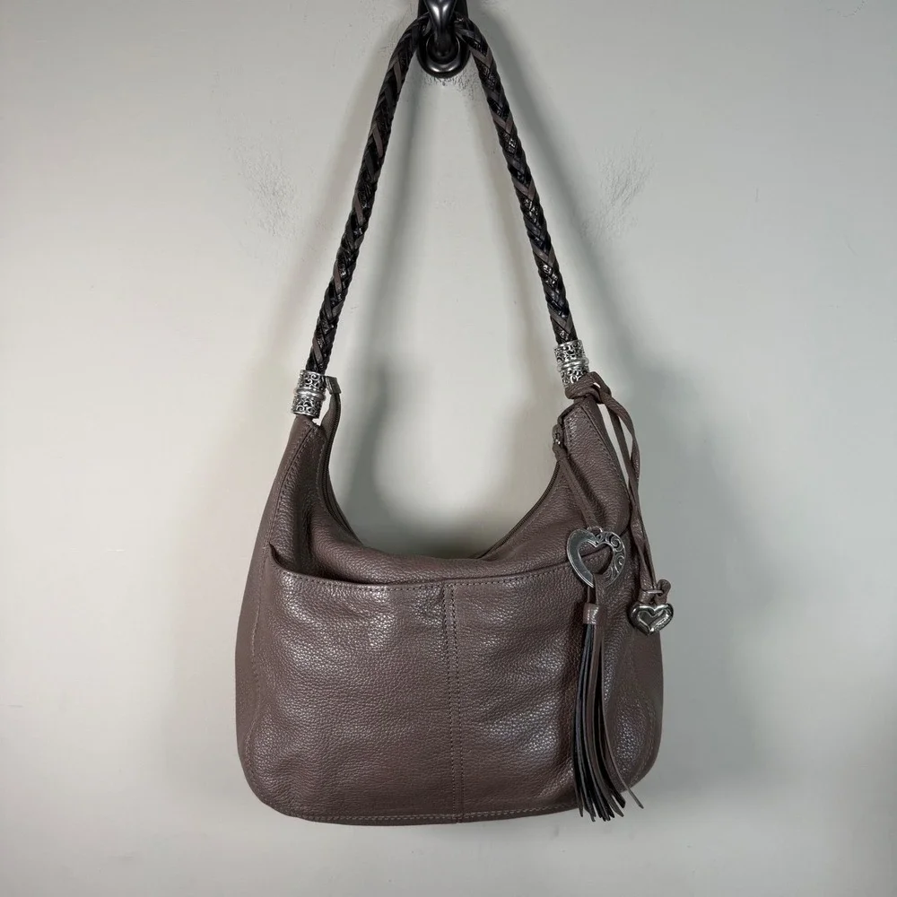Brighton Barbados Pewter Pebbled Leather Hobo Shoulder Bag